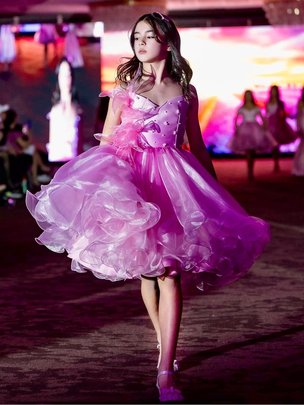 ASHLEYlauren Pearl Beaded Mini Dress with Organza Train Pink Like New